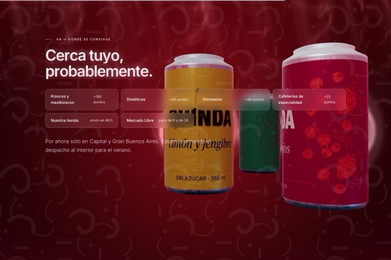 Vista de la landing de Quinda: la sección de puntos de venta, con dos latas en 3D al costado