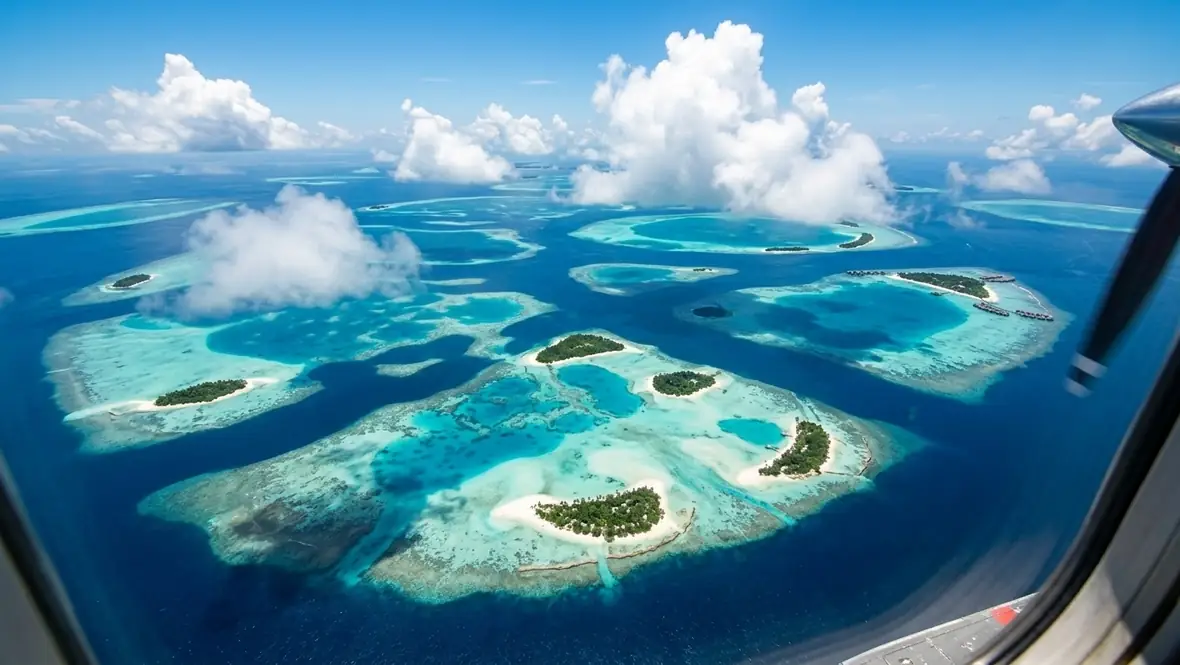 Vista aérea de una isla de vegetación rodeada por un anillo de arena y agua turquesa