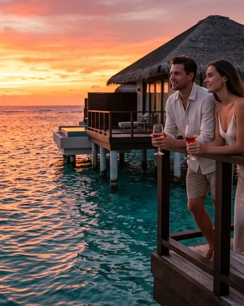 Pareja con copas en la terraza de una villa sobre el agua, mirando el atardecer