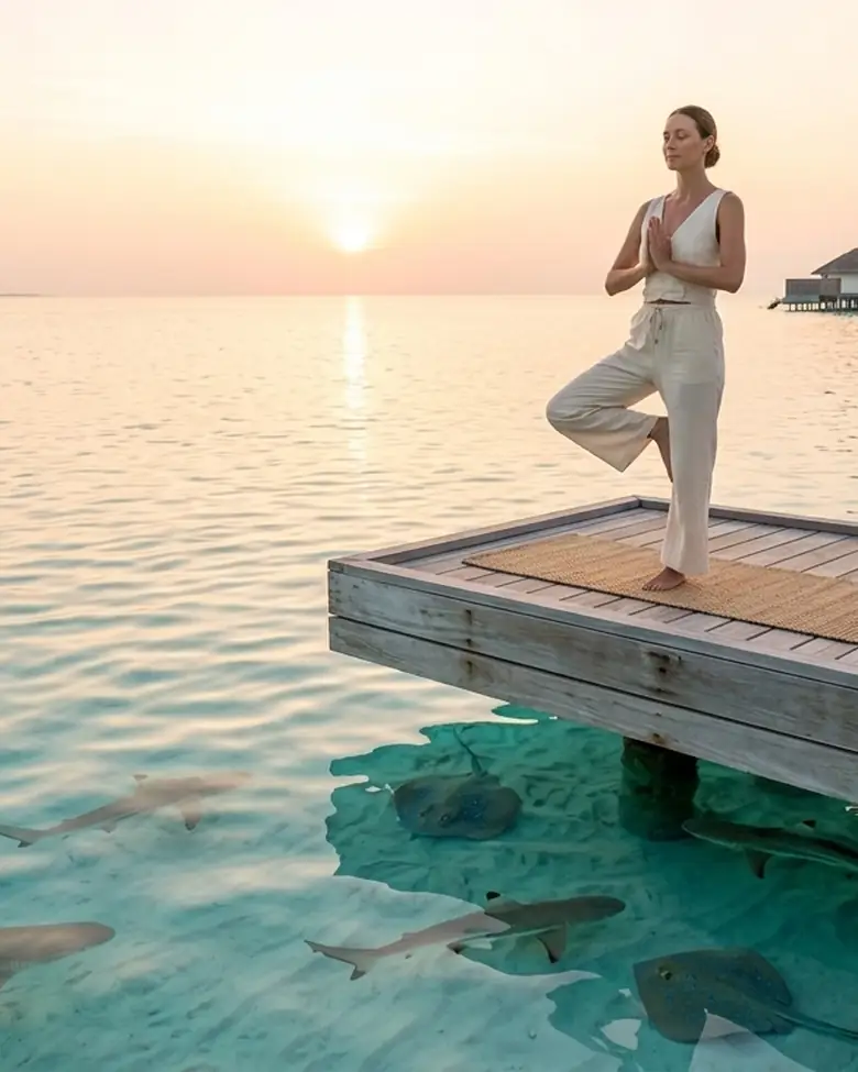 Persona haciendo yoga en un muelle de madera al amanecer, con rayas y tiburones bajo el agua