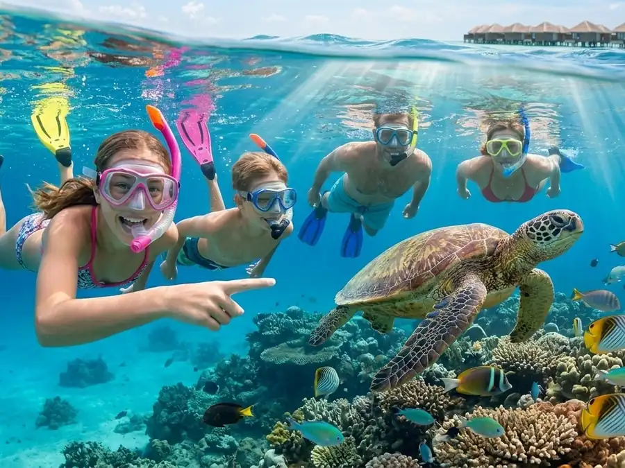 Tortuga marina nadando sobre un arrecife en agua turquesa iluminada por el sol